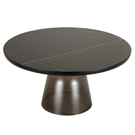 LeisureMod 30" Round Coffee Table with Sintered Stone Top and Black Powder-Coated Iron Rim Tempered Glass Pedestal Base No Assembly for Modern Home, Living Room Tully Collection in Grey/Black Stone