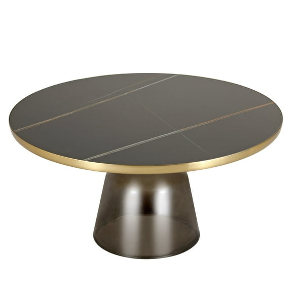 LeisureMod 30" Round Coffee Table with Sintered Stone Top and Brushed Gold Iron Rim Tempered Glass Pedestal Base No Assembly for Modern Home, Living Room Tully Collection in Grey/Black Stone