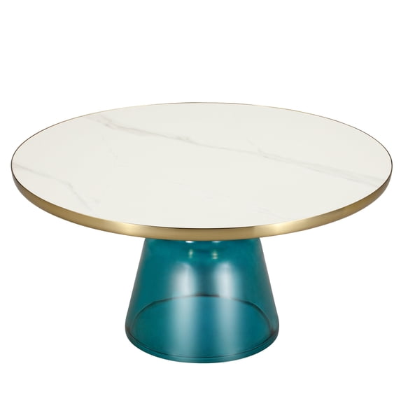 LeisureMod 30" Round Coffee Table with Sintered Stone Top and Brushed Gold Iron Rim Tempered Glass Pedestal Base No Assembly for Modern Home, Living Room Tully Collection in Blue/White Stone
