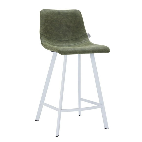 LeisureMod 35" Counter Stool Upholstered Leather Ergonomic Backrest Padded Seat Stainless Steel Base and Footrest for Dining Rooms, Kitchens, Home Bars Elland Collection in Olive Green