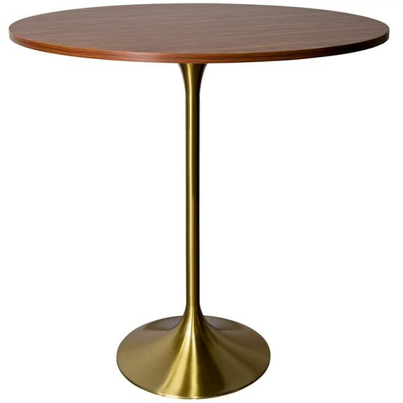 LeisureMod 36" Round Bar Height Dining Table with MDF Top Pub Table and Gold Stainless Steel Pedestal Base for Modern Kitchen and Dining Room Verve Collection in Cognac Brown