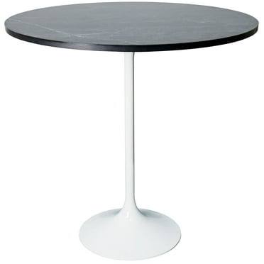 LeisureMod 36" Round Bar Height Dining Table with MDF Top Pub Table and White Stainless Steel Pedestal Base for Modern Kitchen and Dining Room Verve Collection in Black Marbleized