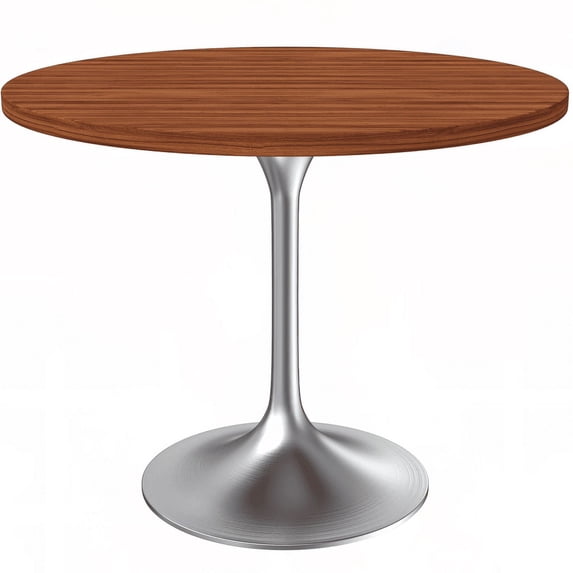 LeisureMod Verve 36" Round Dining Table, Mid-Century Modern MDF Top Dining Table with Silver Stainless Steel Pedestal Table Base for Kitchen and Dining Room, Cognac Brown