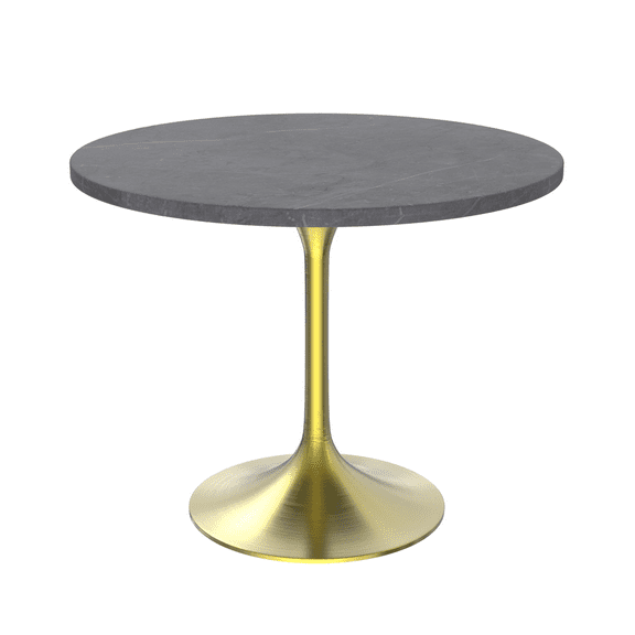 LeisureMod 36 Round Dining Table, Brushed Gold Base with Sintered Stone Grey Top