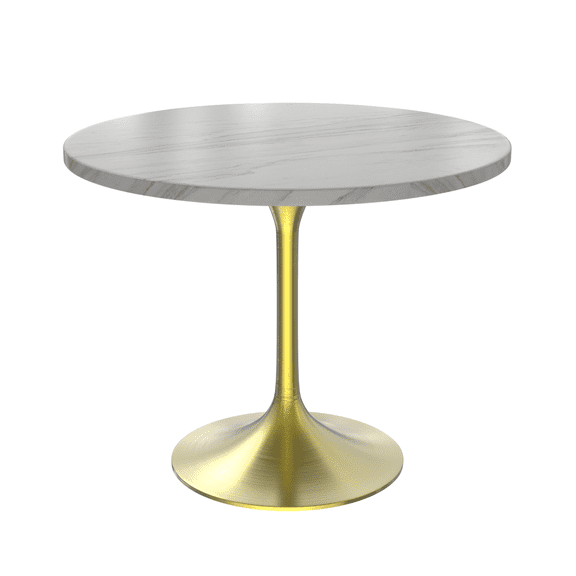LeisureMod 36 Round Dining Table, Brushed Gold Base with Sintered Stone White Top