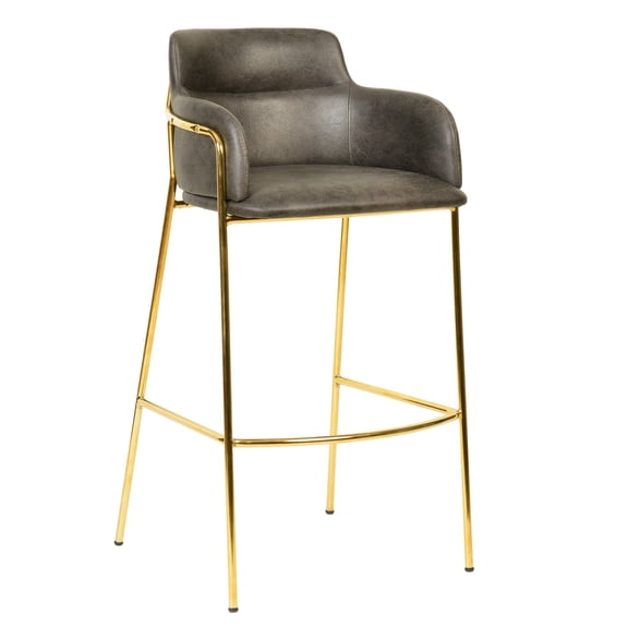 LeisureMod 40" Bar Stool Upholstered in Leather Pub Chair with Gold Stainless Steel Base with Armrest and Footrest for Modern Dining Room, Kitchen, Restaurant Axis Collection in Charcoal