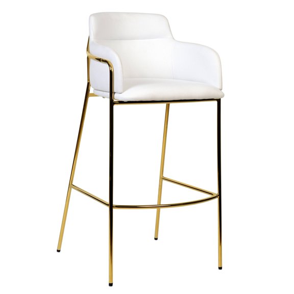 LeisureMod 40" Bar Stool Upholstered in Polyester Pub Chair with Gold Stainless Steel Base with Armrest and Footrest for Modern Dining Room, Kitchen, Restaurant Axis Collection in White