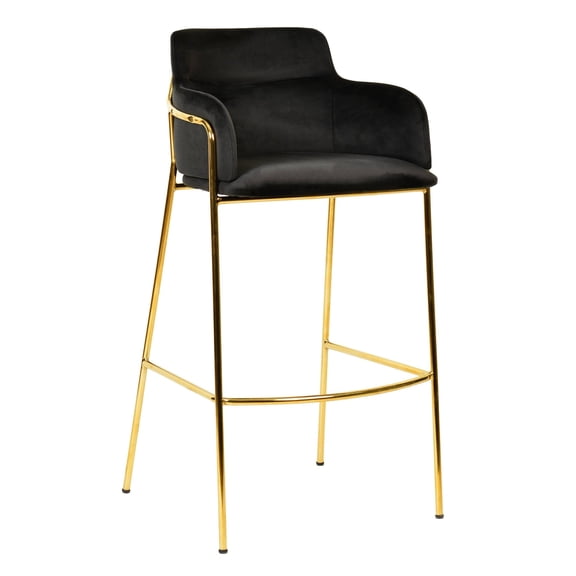 LeisureMod 40" Bar Stool Upholstered in Velvet Pub Chair with Gold Stainless Steel Base with Armrest and Footrest for Modern Dining Room, Kitchen, Restaurant Axis Collection in Black