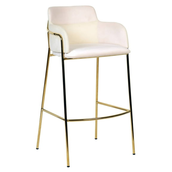 LeisureMod 40" Bar Stool Upholstered in Velvet Pub Chair with Gold Stainless Steel Base with Armrest and Footrest for Modern Dining Room, Kitchen, Restaurant Axis Collection in Beige