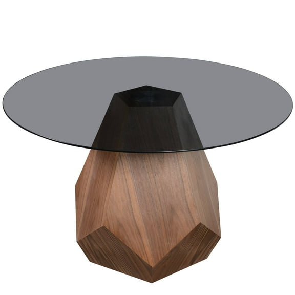LeisureMod 47" Round Dining Table with Ash Wood Veneer Pedestal Base in Facet Design - Indoor Kitchen Table Seats 4-6 Person Easy Assembly for Modern Home Nebo Collection, Black Glass