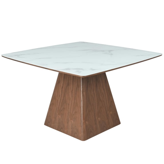 LeisureMod 47" Square Dining Table with Sintered Stone Top Ash Wood and Iron Pedestal Base Easy Assembly Seats 4 Person for Kitchen, Office, and Cafes Zephry Collection in White