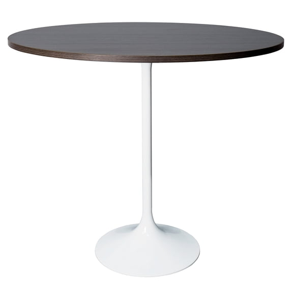 LeisureMod 48" Round Bar Height Dining Table with MDF Top Pub Table and White Stainless Steel Pedestal Base for Modern Kitchen and Dining Room Verve Collection in Dark Walnut