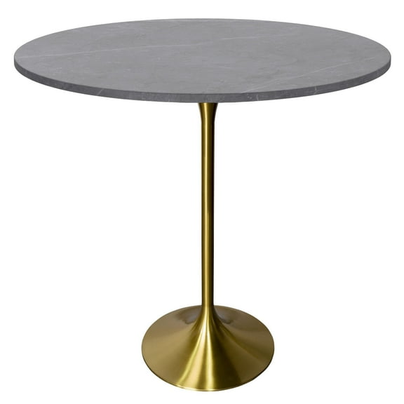 LeisureMod 48" Round Bar Height Dining Table with Sintered Stone Top Pub Table and Gold Stainless Steel Pedestal Base for Modern Kitchen and Dining Room Verve Collection in Grey