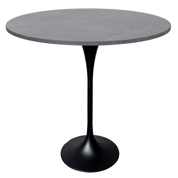 LeisureMod 48" Round Bar Height Dining Table with Sintered Stone Top Pub Table and Black Stainless Steel Pedestal Base for Modern Kitchen and Dining Room Verve Collection in Marble Grey