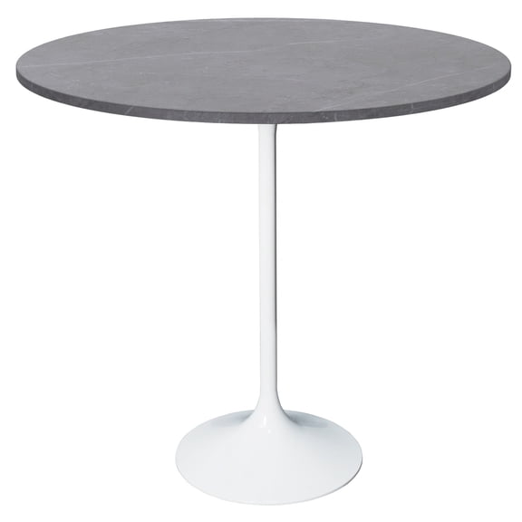 LeisureMod 48" Round Bar Height Dining Table with Sintered Stone Top and White Stainless Steel Pedestal Base for Modern Kitchen Verve Collection in Marble Grey