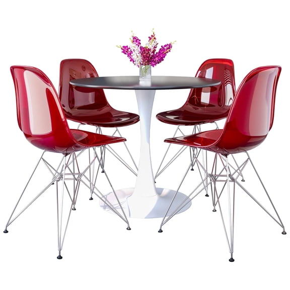 LeisureMod 5-Piece Dining Set 35" Round Dining Table with MDF Tabletop in White Iron 4 ABS Plastic Side Chair with Chrome Eiffel Base for Modern Home, Kitchen Bristol Series in Transparent Red