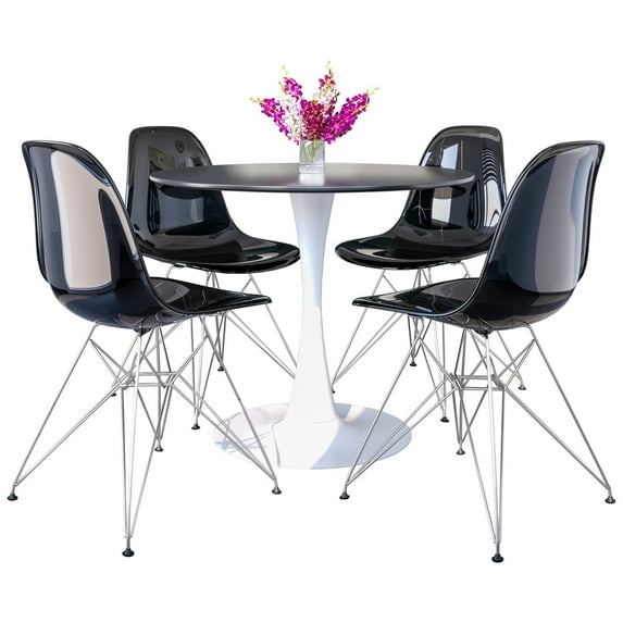LeisureMod 5-Piece Dining Set 35" Round Dining Table with MDF Tabletop in White Iron 4 ABS Plastic Side Chair with Chrome Eiffel Base for Modern Home, Kitchen Bristol Series in Transparent Black
