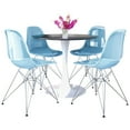 thumbnail image 1 of LeisureMod 5-Piece Dining Set 35" Round Dining Table with MDF Tabletop in White Iron 4 ABS Plastic Side Chair with Chrome Eiffel Base for Modern Home, Kitchen Bristol Series in Transparent Blue, 1 of 10