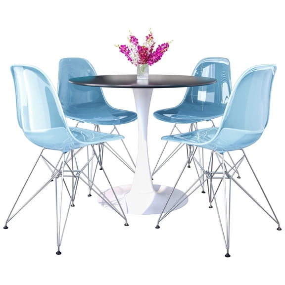 LeisureMod 5-Piece Dining Set 35" Round Dining Table with MDF Tabletop in White Iron 4 ABS Plastic Side Chair with Chrome Eiffel Base for Modern Home, Kitchen Bristol Series in Transparent Blue