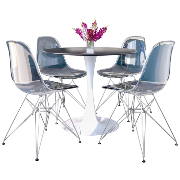 LeisureMod 5-Piece Dining Set 35" Round Dining Table with MDF Tabletop in White Iron 4 ABS Plastic Side Chair with Chrome Eiffel Base for Modern Home, Kitchen Bristol Series in Clear