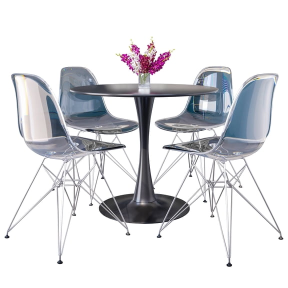 LeisureMod 5-Piece Dining Set with 35" Round MDF Top Table with Black Iron Base and 4 ABS Plastic Side Chair with Chrome Eiffel Design for Modern Home Bristol Collection in Clear