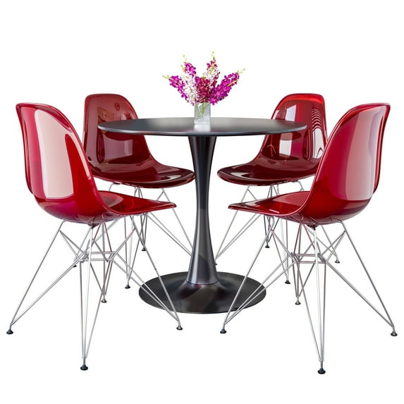 LeisureMod 5-Piece Dining Set with 35" Round MDF Top Table with Black Iron Base and 4 ABS Plastic Side Chair with Chrome Eiffel Design for Modern Home Bristol Collection in Transparent Red