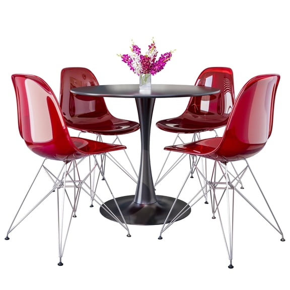 LeisureMod 5-Piece Dining Set with 35" Round MDF Top Table with Black Iron Base and 4 ABS Plastic Side Chair with Chrome Eiffel Design for Modern Home Bristol Collection in Transparent Red