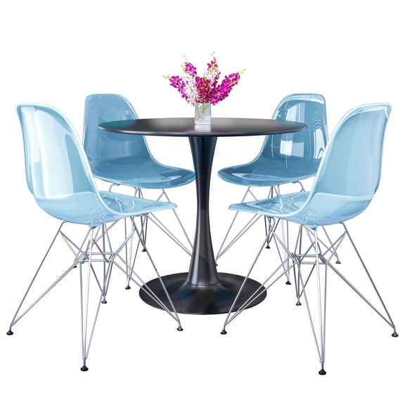 LeisureMod 5-Piece Dining Set with 35" Round MDF Top Table with Black Iron Base and 4 ABS Plastic Side Chair with Chrome Eiffel Design for Modern Home Bristol Collection in Transparent Blue