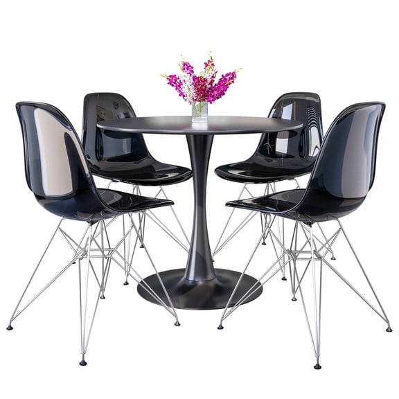 LeisureMod 5-Piece Dining Set with 35" Round MDF Top Table with Black Iron Base and 4 ABS Plastic Side Chair with Chrome Eiffel Design for Modern Home Bristol Collection in Transparent Black