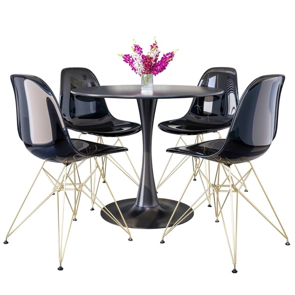 LeisureMod 5-Piece Dining Set with 35" Round MDF Top Table with Black Iron Base and 4 ABS Plastic Side Chair with Gold Eiffel Design for Modern Home Bristol Collection in Transparent Black