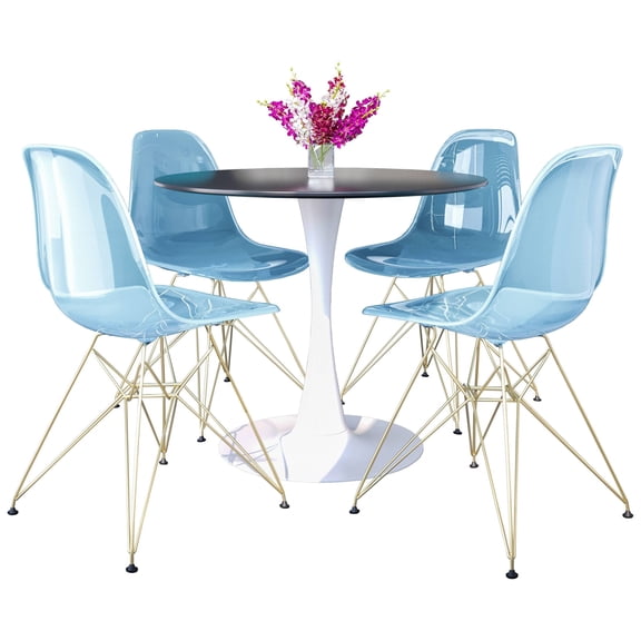 LeisureMod 5-Piece Dining Set 35" Round Table with MDF Tabletop and White Iron Base 4 ABS Plastic Side Chair with Gold Legs for Modern Home, Kitchen Bristol Collection in Transparent Blue