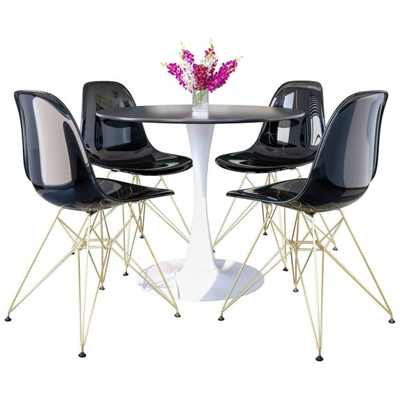 LeisureMod 5-Piece Dining Set 35" Round Table with MDF Tabletop and White Iron Base 4 ABS Plastic Side Chair with Gold Legs for Modern Home, Kitchen Bristol Collection in Transparent Black