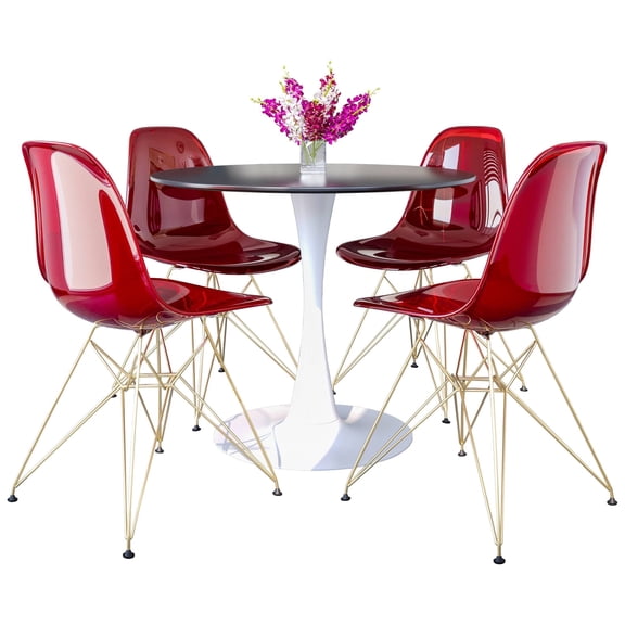 LeisureMod 5-Piece Dining Set 35" Round Table with MDF Tabletop and White Iron Base 4 ABS Plastic Side Chair with Gold Legs for Modern Home, Kitchen Bristol Collection in Transparent Red