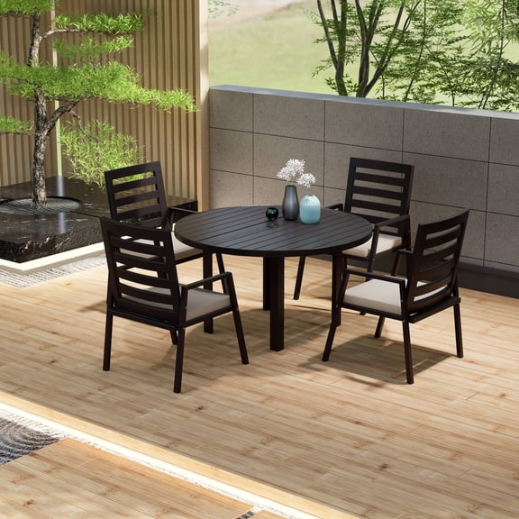 LeisureMod 5-Piece Dining Set 48" Round Dining Table and 4 Patio Arm Chairs in Aluminum with Slatted Design and Removable Cushions Seats 4 Person for Home, Patio, Chelsea Collection in Beige