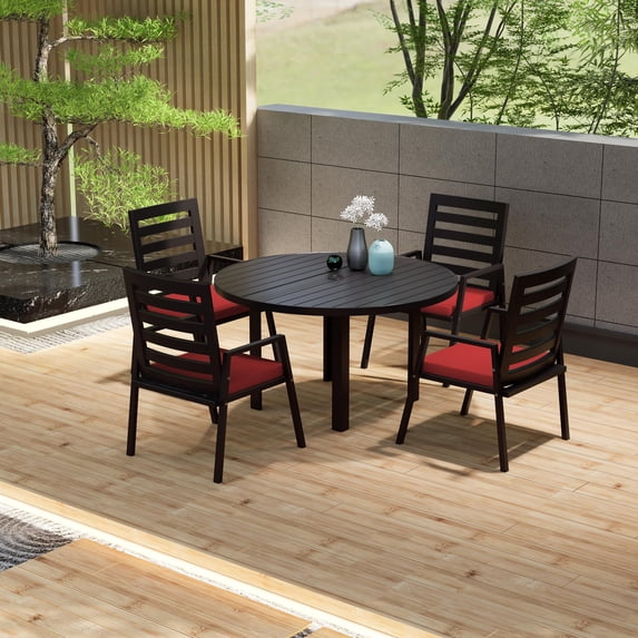 LeisureMod 5-Piece Dining Set 48" Round Dining Table and 4 Patio Arm Chairs in Aluminum with Slatted Design and Removable Cushions Seats 4 Person for Home, Patio, Chelsea Collection in Cherry Red