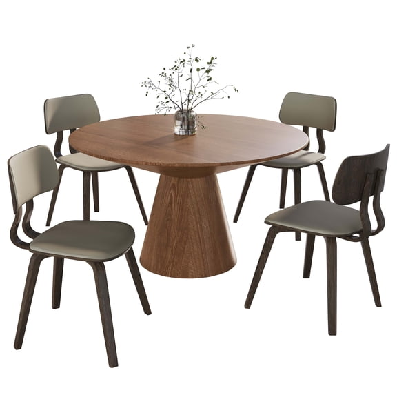 LeisureMod 5-Piece Dining Set Round Dining Table in Natural Wood and 4 Leather Dining Chairs for Modern Home, Kitchen Fynix Collection