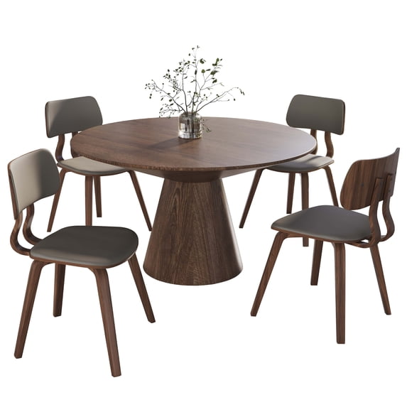 LeisureMod 5-Piece Dining Set Round Dining Table in Walnut and 4 Leather Dining Chairs for Modern Home, Kitchen Fynix Collection