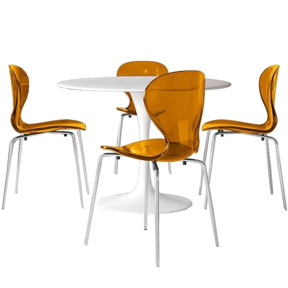 LeisureMod 5-Piece Dining Set Round White Dining Table with MDF Top and Iron Base 4 Side Chairs in Acrylic with Chrome Stainless Steel Legs for Home, Kitchen Bristol Collection in Tranparent Orange
