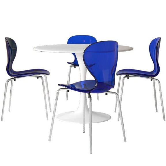 LeisureMod 5-Piece Dining Set Round White Dining Table with MDF Top and Iron Base 4 Side Chairs in Acrylic with Chrome Stainless Steel Legs for Home, Kitchen Bristol Collection in Transparent Blue