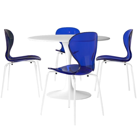 LeisureMod 5-Piece Dining Set Round White Dining Table with MDF Top and Iron Base 4 Side Chairs in Acrylic with White Stainless Steel Legs for Home, Kitchen Bristol Collection in Transparent Blue