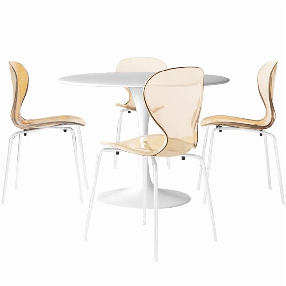LeisureMod 5-Piece Dining Set Round White Dining Table with MDF Top and Iron Base 4 Side Chairs in Acrylic with White Stainless Steel Legs for Modern Home, Kitchen Bristol Collection in Amber