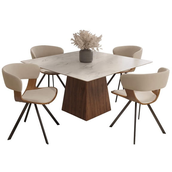 LeisureMod 5-Piece Dining Set Square Dining Table with Sintered Stone Top Wooden Base and 4 Upholstered Dining Chairs with Open-Back Design for Home, Kitchen, Cafes Zephyr Collection in Light Brown