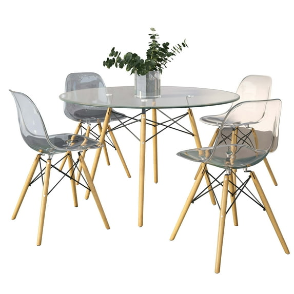 LeisureMod 5-Piece Dining Set with 4 Chairs and 1 Round Dining Table for Modern Home, Kitchen Dover Collection in Clear