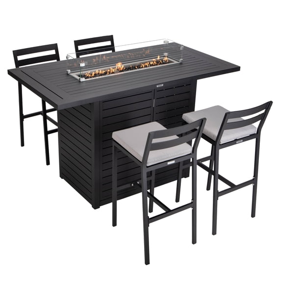 LeisureMod 5-Piece Patio Dining Bar Set Aluminum Rectangular Fire Pit Table with Tank Holder and 4 Barstool with Removable Cushions for Modern Home, Backyard, Garden Chelsea Collection in Light Grey