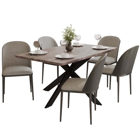 LeisureMod 6-Piece Dining Set 63” Rectangular Dining Table with MDF Top and 5 Upholstered Dining Side Chairs with Powder-Coated Steel Frame for Home, Kitchen Ravenna Collection, Black/Light Grey