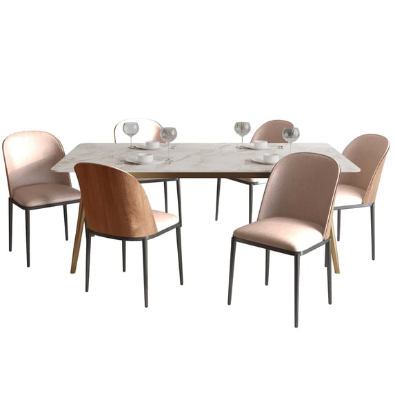 LeisureMod 7-Piece Dining Set 55” Rectangular Dining Table with Sintered Stone Top Gold Stainless Steel Base and 6 Upholstered Side Chairs with Powder-Coated Legs for Home, Kitchen Zayle Collection