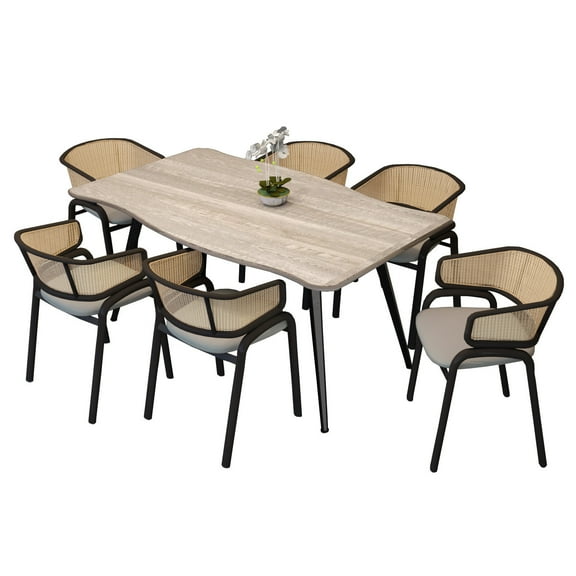 LeisureMod 7-Piece Dining Set with a 63" Wide Rectangular MDF Table and 6 Arm Chairs Upholstered in Velvet with Wicker Backrest for Modern Home and Kitchen Ravenna Collection (Sunbleached Grey-Beige)