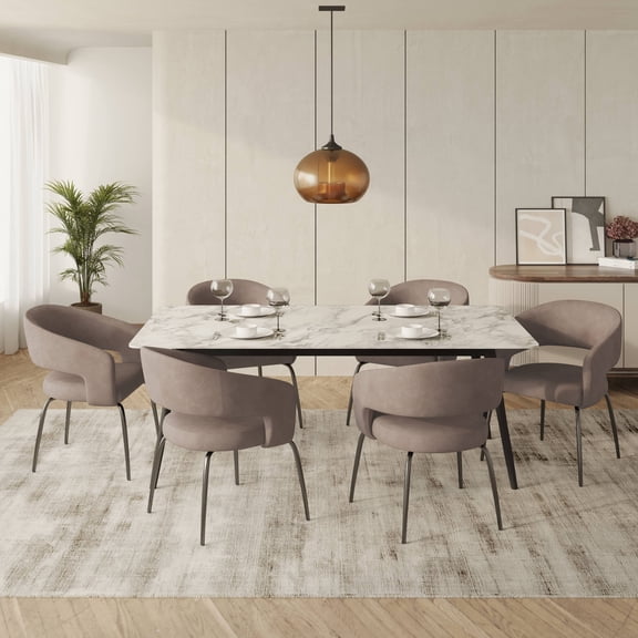 LeisureMod 7-Piece Dining Set Rectangular Dining Table with Sintered Stone Top and Stainless Steel Base 6 Upholstered Arm Chairs with Powder-Coated Iron Legs for Modern Home, Kitchen Zayle Collection