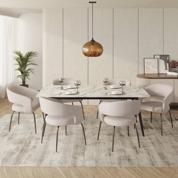 LeisureMod 7-Piece Dining Set Rectangular Dining Table with Sintered Stone Top and Stainless Steel Base 6 Upholstered Arm Chairs with Powder-Coated Iron Legs for Modern Home, Kitchen Zayle Collection