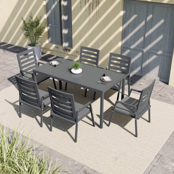 LeisureMod 7-Piece Dining Set with Rectangular Extendable Dining Table and 6 Patio Arm Chairs in Aluminum with Slatted Design and Removable Cushions Seats 6 Person for Home, Patio, Chelsea Collection